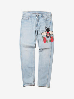 GUCCI EMBROIDERED FLORAL FLY DENIM JEANS